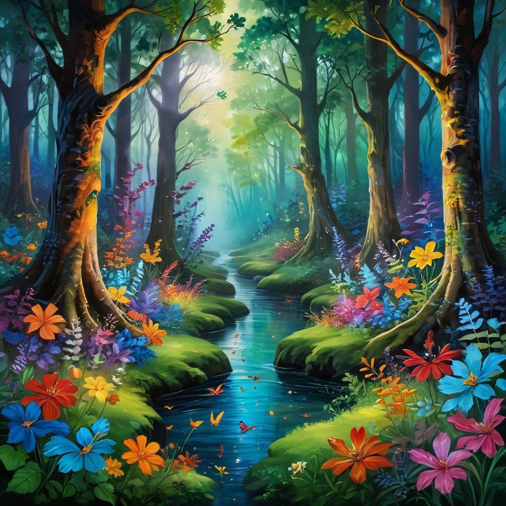 A whimsical, enchanting scene depicting a vibrant forest with pixies engaging in creative activities like painting and crafting. The atmosphere should feel lively with playful colors and lush greenery, integrating elements of community such as shared art projects and joyful interactions among pixies. Include magical lighting effects that highlight the artistic expressions and a sense of connection. The background should be a textured canvas of colorful flowers and swirling leaves. vibrant colors. painting.