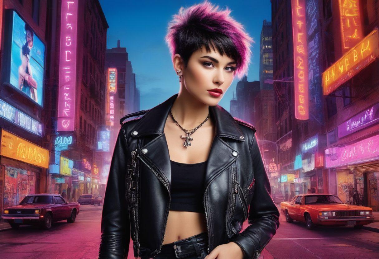 A dynamic collage showcasing a stylish pixie-haired model embodying a rockstar vibe, dressed in edgy leather and chic accessories, amidst a vibrant cityscape. The background features neon lights, guitars, and fashion magazine clippings. Incorporate elements of urban graffiti art and a hint of glam rock energy. super-realistic. vibrant colors. urban setting.