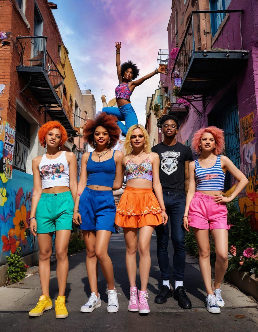 A vibrant, eclectic scene depicting a group of diverse individuals embodying the rockstar lifestyle, adorned with colorful pixie-inspired outfits and accessories. They are surrounded by fantastical elements like oversized flowers, musical notes swirling in the air, and paint splashes reflecting creativity and freedom. The background features a lively urban setting, showcasing murals and street art that enhance the artistic vibe. This image should evoke a sense of joy and expression, embodying the essence of pixie culture. super-realistic. vibrant colors.